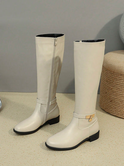 جزمة الركبة للنساء , أنيق لون اللوز جزمة برقبة طويلة مع ميتالك مشبك زخارف , سحاب جانبي , متعدد الجوانب والاستعمالات جزمة عالية الى خريف و الشتاء , باصابع قدم دائري , مكتنز كعب , مريح , أنيق للنساء جزمة ركأس الخيل