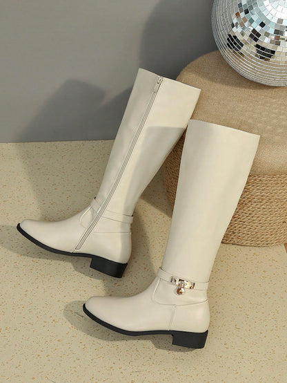 جزمة الركبة للنساء , أنيق لون اللوز جزمة برقبة طويلة مع ميتالك مشبك زخارف , سحاب جانبي , متعدد الجوانب والاستعمالات جزمة عالية الى خريف و الشتاء , باصابع قدم دائري , مكتنز كعب , مريح , أنيق للنساء جزمة ركأس الخيل