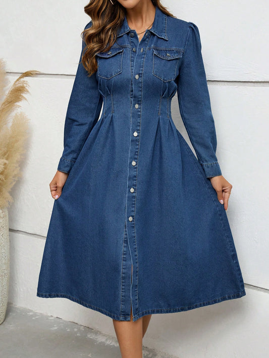 جيب قلاب بتفاصيل طية التجاعيد قميص فستان دنيم