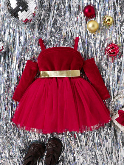 فستان بحزام كتف مكشوف شبكي شامل للبنات الاطفال