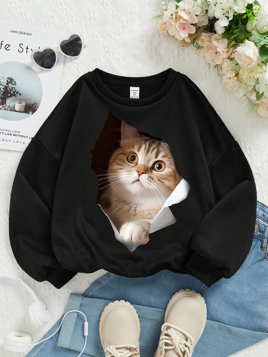 سترة بقبة دائرية وأكمام طويلة للفتاة المراهقة بنمط كرتوني عارضة لفصلي الخريف والشتاء