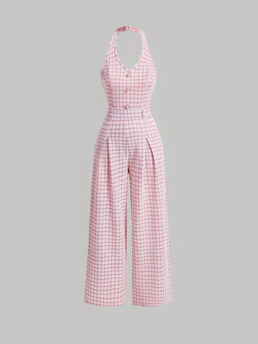 بدسويت بساق واسع طباعة مربع النقش بدون تي شيرت