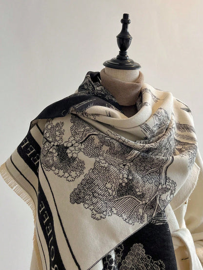 قطعة واحدة من وشاح الكشمير المقلد على الوجهين للسيدات منسوج بأنماط نباتية، شال للدفء في الخريف والشتاء، مناسب للاستخدام اليومي