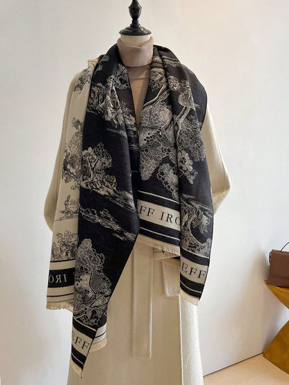 قطعة واحدة من وشاح الكشمير المقلد على الوجهين للسيدات منسوج بأنماط نباتية، شال للدفء في الخريف والشتاء، مناسب للاستخدام اليومي