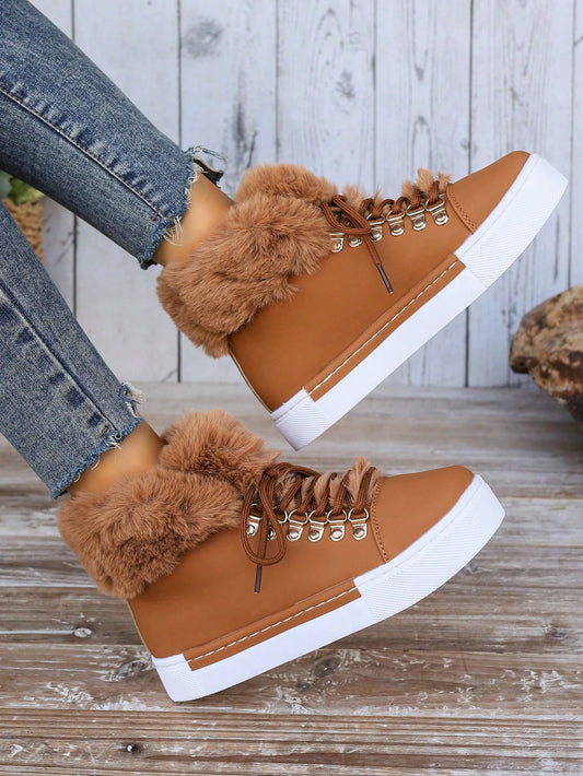 جزمة الثلج للنساء موضة قطع عالية مع ياقة , وردي ربط الحذاء & بتصميم مشبك