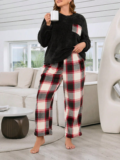 طقم بيجامة نسائي منقوش من الفلانيل مقاس كبير وسروال طويل